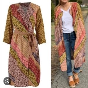 Cabi Poet Patchwork Open Front Waist Tie Kimono Jacket in multicolor, Sz Xs